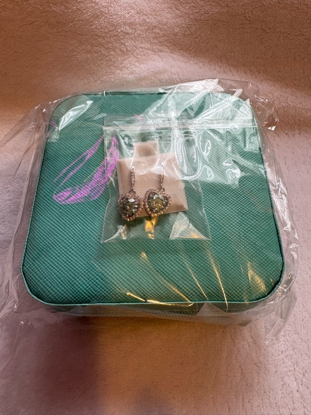 One carat Turquoise Moissanite Heart Earrings and Turquoise Jewelry Case
